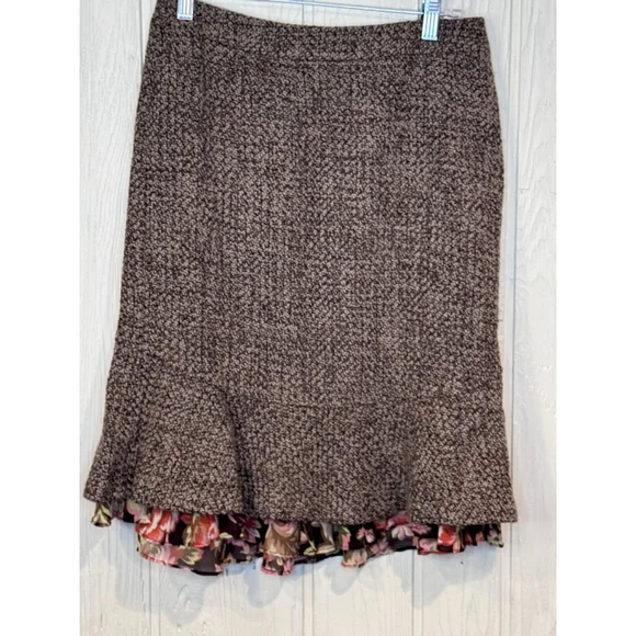 Loft Tweed Wool Blend Skirt Floral Flounce Size 4 Brown Pink - Picture 1 of 9